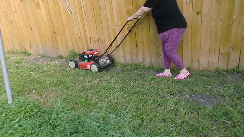 BBW nurse Vicki adventures with friends: Nurse Vicki Mowing Grass dressed then topless