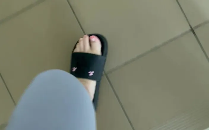 Feet: POV: the Sound of Flip-flops When Walking in Gray Leggings