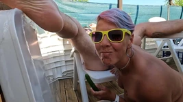 Sucking Cock and Balls While Pegging with a Cucumber