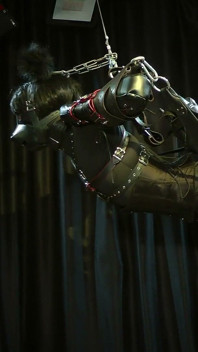 Furry Stress Pose: Full Dog Suit, Leather Straps & Predicament Hang