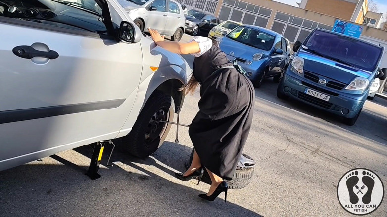 All You Can Fetish: Dirndl Slut Gets Dirty and Oily Changing Tires