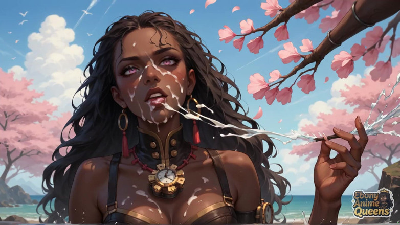 Ebony Anime Queens: Zeița obraznică negresă oferă un Cherry Blossom DT de ocean