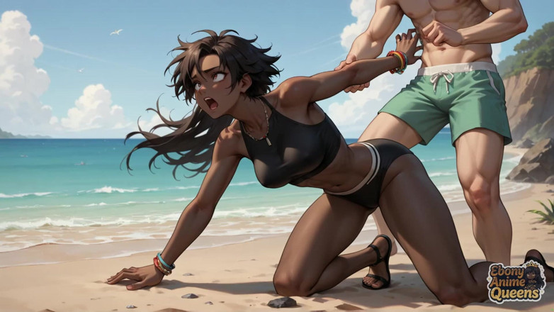 Ebony Anime Queens: Strandorgie! eine sengende, dunkelbrauner königin hat orgasmische sprengen auf goldenen...