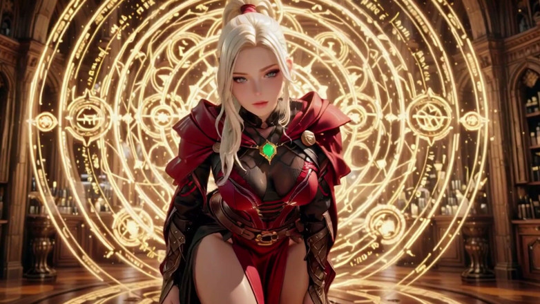 Seraphina Vale: Red &amp; Black Armor Witch! Forbidden Casting in the Gothic Library.
