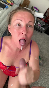 Step Mommy Sucks 3 Week Old Cum Load From Stepsons BFF, Thick Sperm on Her Tounge