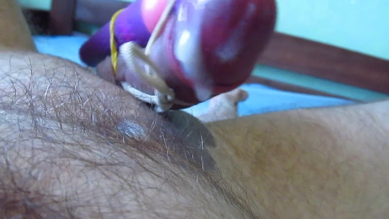 Hot guy solo: Tightly tied vibrator to big cock made big cumshot