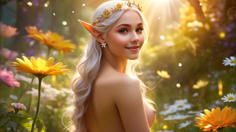 LustRender: La bellezza nuda tiene daisy con gioielli a raggi solari...