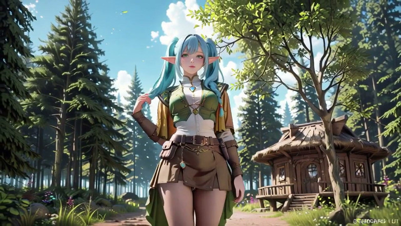 Seraphina Vale: Forest Elf's Private Morning! Blue-haired Twin Tails Lounging Lazily on...