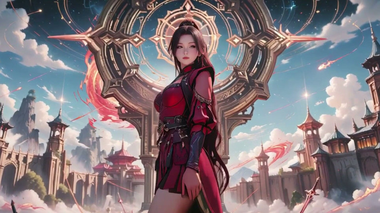 Seraphina Vale: Red Armor Queen dans la ville flottante ! Taquinage fantastique épique.