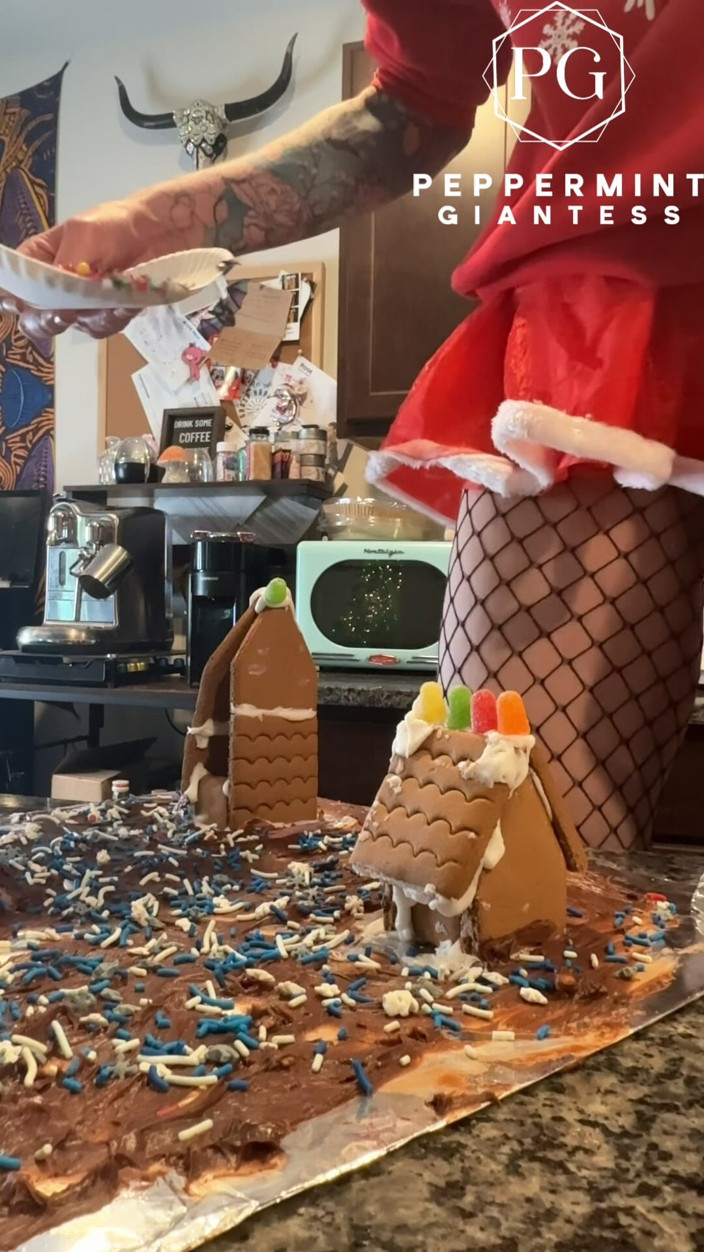 Peppermint Giantess: 73 Giantess in 8-inch Heels Decorates a Gingerbread Village