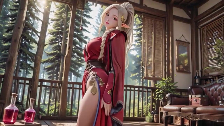Seraphina Vale: Red Robe Elf Sorceress! Sun-dappled Forest Terrace, Kneeling Gaze That...