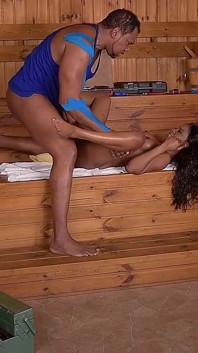Ebony Sauna Seduction Wild Blowjob and Pussy Pound