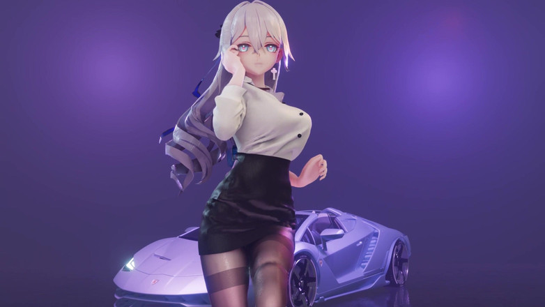 MikuMotion: Извините; Удар гэнсин; Броня; Офисная дама в униформе; Юбка-карандаш; Черные чулки с вырезом; Эротические татуировки