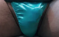 Little Blue Satin Thong Jerk & Cum