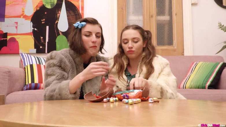 Girls Out West: Busty naughty lesbians enjoy chocolate eggs before fucking