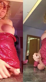 Anna tgirl bắn tinh với một chiếc bím tóc màu hồng cắm trong mông của cô ấy và mặc một chiếc váy màu hồng
