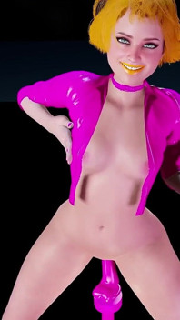 Neon Chick menunggang dildo neon merah jambu besar