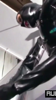 Caged and gagged Rubber Sissy get fucked