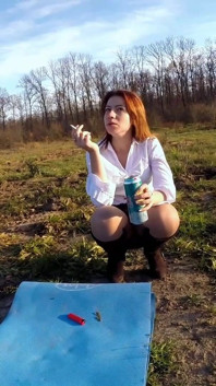 Skinny Readhead Smoking and Laughing Outdoor While Touching Her Pussy Trough Pantyhose