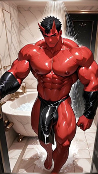 Oni Demon соло накачування з презервативом, розтягнутим туго в мармуровій ванній кімнаті
