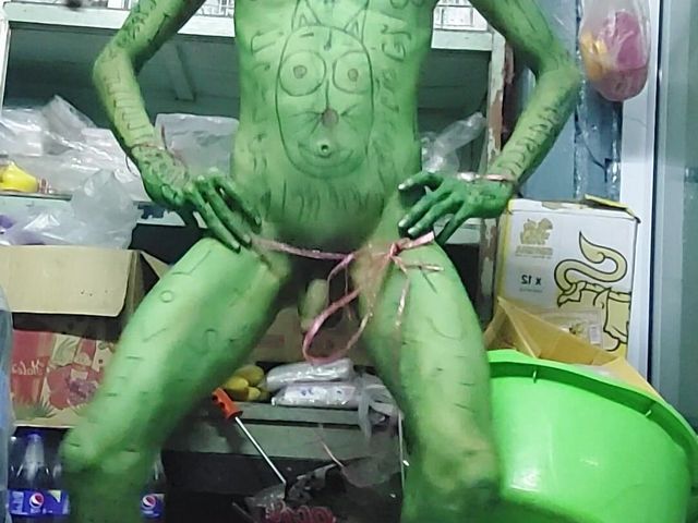 Green Man Masturbates His Small Cock (Clown likes to play with colors)