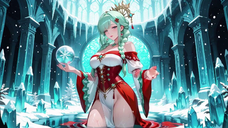 Tay Swift X: Green-haired Goddess in Red Gown Kneels in the Crystal Hall,...