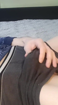 Fingering Her Soft Cock, Protruding Balls From Her Panties