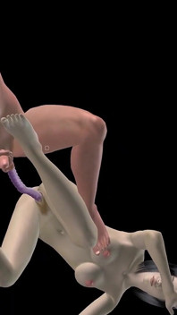 Animerad 3D -porr - vacker tjej och asiatisk man dubbel dildo doggy medan man strök