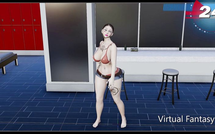 Virtual fantasy studio: 穿着比基尼和短裤的大胸部和屁股 3D 性感女孩的彩色纹身条纹。