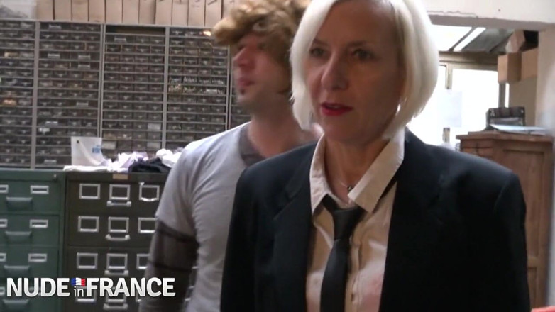 Nude in France: Older blonde slut fucks young guy in woman's wig