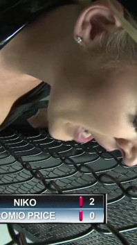 Brunette teen gets facial in the boxing ring