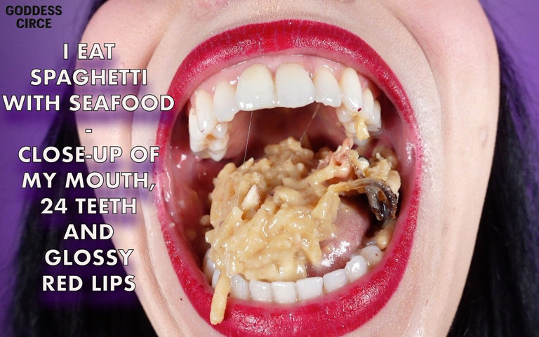 I Eat Spaghetti with Seafood - Close-up of My Mouth, 24 Teeth and Glossy Red Lips (Goddess Circe) I Eat Spaghetti with Seafood - Close-up of My Mouth, 24 Teeth and Glossy Red Lips (Goddess Circe)