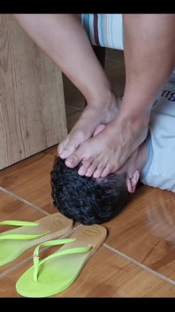 Face Footstool Slave Cleans Dirty Flip Flops and Cums on Flip Flops and Has to Lick It