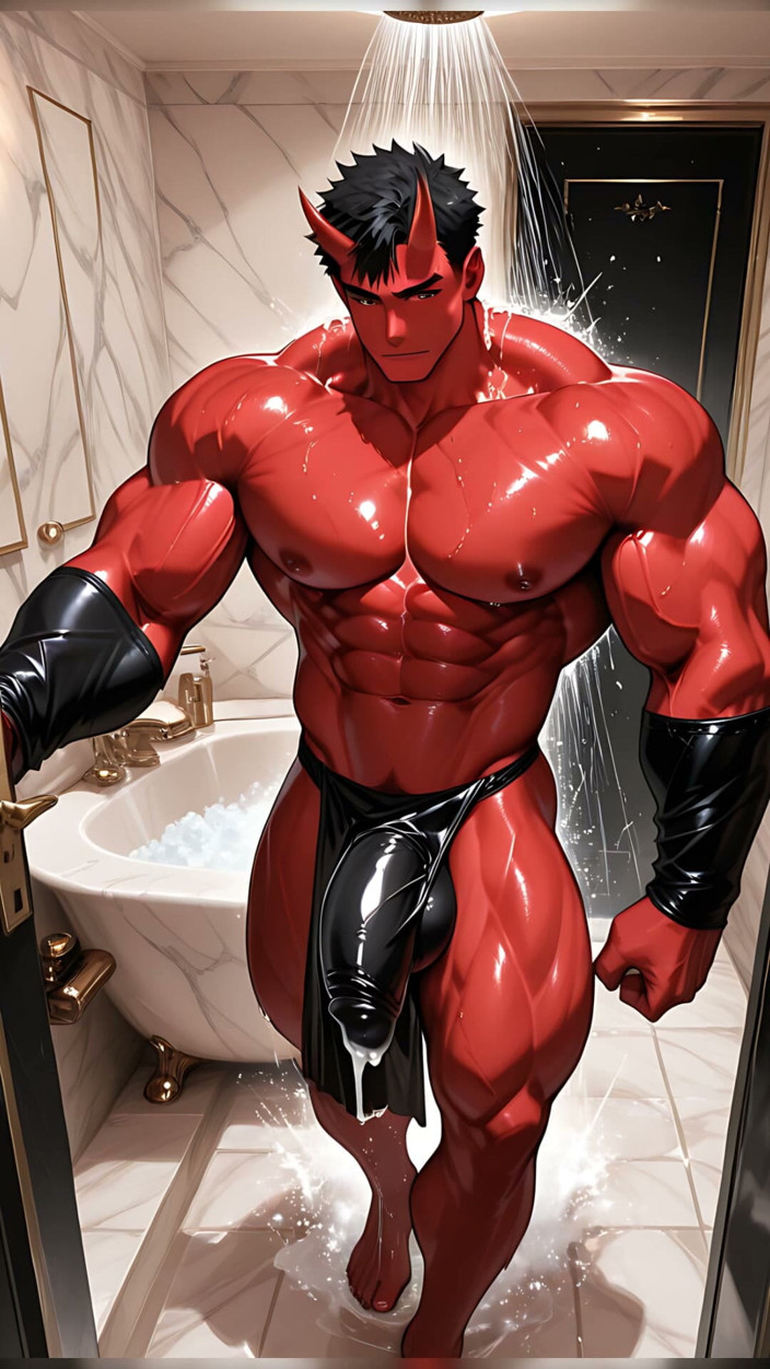 LustMen: Oni Demon Solo Pumping with Condom Stretched Tight in Marble...