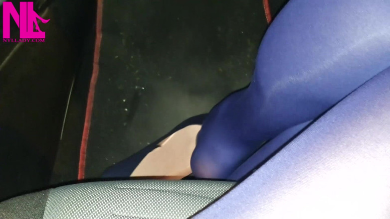 Nyllady: Dangling in Blue Pantyhose and Blue Flats on a Gas...