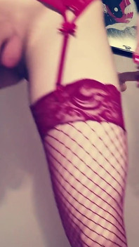 Sissy Femboy in Red Fishnet Stockings P2