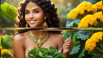 LustRender: Bonita peituda nua indiana elf girl com Kale (encaracolada)