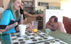 Two Nasty Femdoms Spitting Into Slave's Mouth