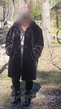 Julie Walking Through a Car Park Wearing Fur Coat, See Her Bound Tits Sticking Out
