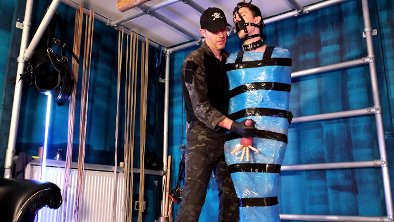 TomBakerBDSM: Twink Slave Bound in Pallet Wrap for Orgasm Control