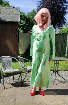 Sissy Tgirl in Sexy Green Satin Dress thumbnail