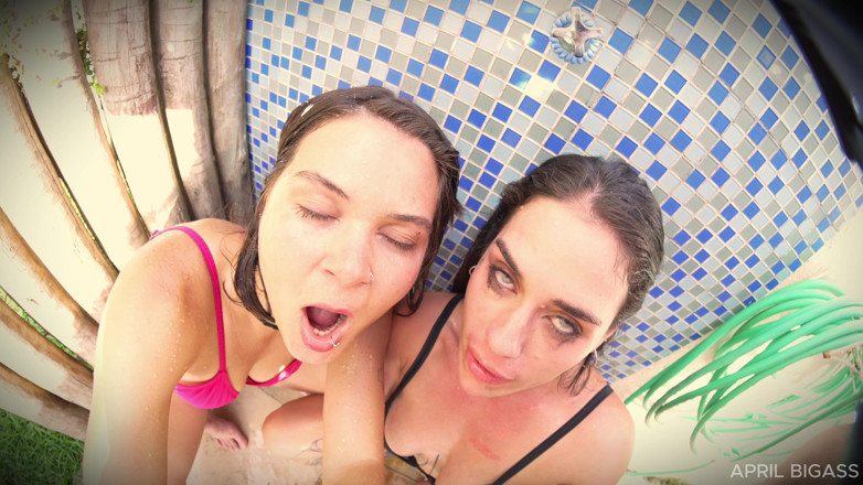 April BigAss: Outdoor Shower FFM, Two Mouths and a Golden Shower
