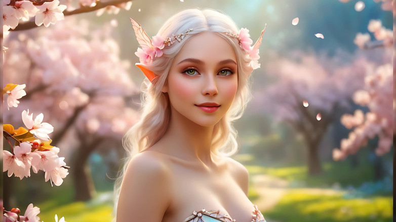 LustRender: Une femme nue souriante tenant Cherry Blossom, portant des bijoux...