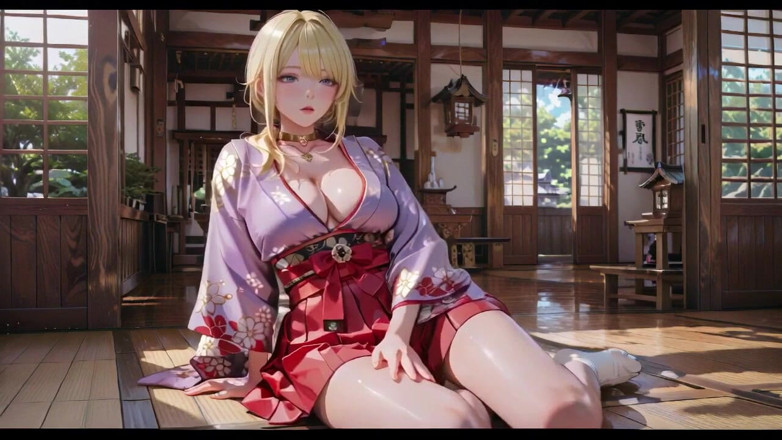 Seraphina Vale: Dewi blonde di Koridor Jepun, gazes malas, tangan di pinggul,...