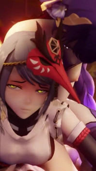 Genshin Raiden Shogun Fucks Sara with a Strapon, Itto Is There Too