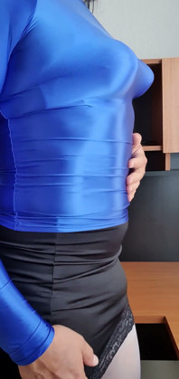 Modeling My Blue Spandex Blouse and Pointy Tits