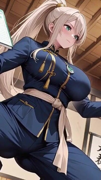 Blonde Samurai in diepblauwe do-over! Knielend in de Japanse corridor, pronkend met haar tedere kont