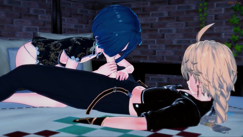 Hentai Smash: Carino effeminato Xingqiu viene scopata da Aether in giardino.