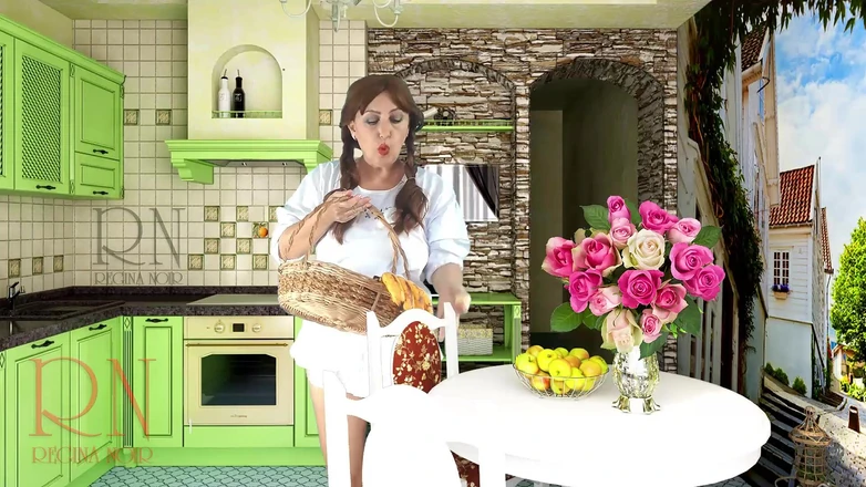 Regina Noir: Cheerful maid without panties eats a lot of bananas in...