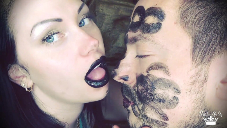 Goddess Misha Goldy: Covering Alex with black shiny lipstick kisses all over his...